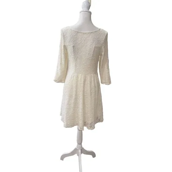 Free People Cream Lace Skater Mini Dress 3/4 Sleeve Bridal Shower Wedding M - Picture 7 of 14